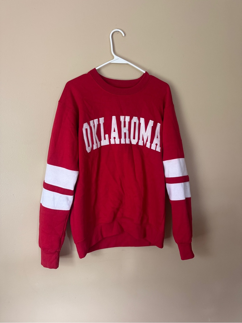 Red Oklahoma Crewneck Sweatshirt with White Sleeve Stripes